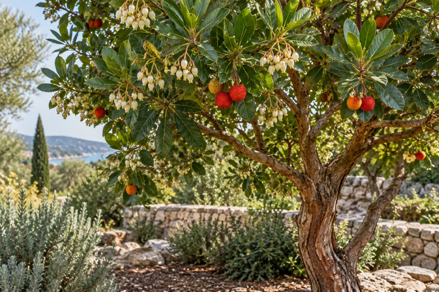 Strawberry tree with glossy evergreen leaves, white flowers, and red fruits