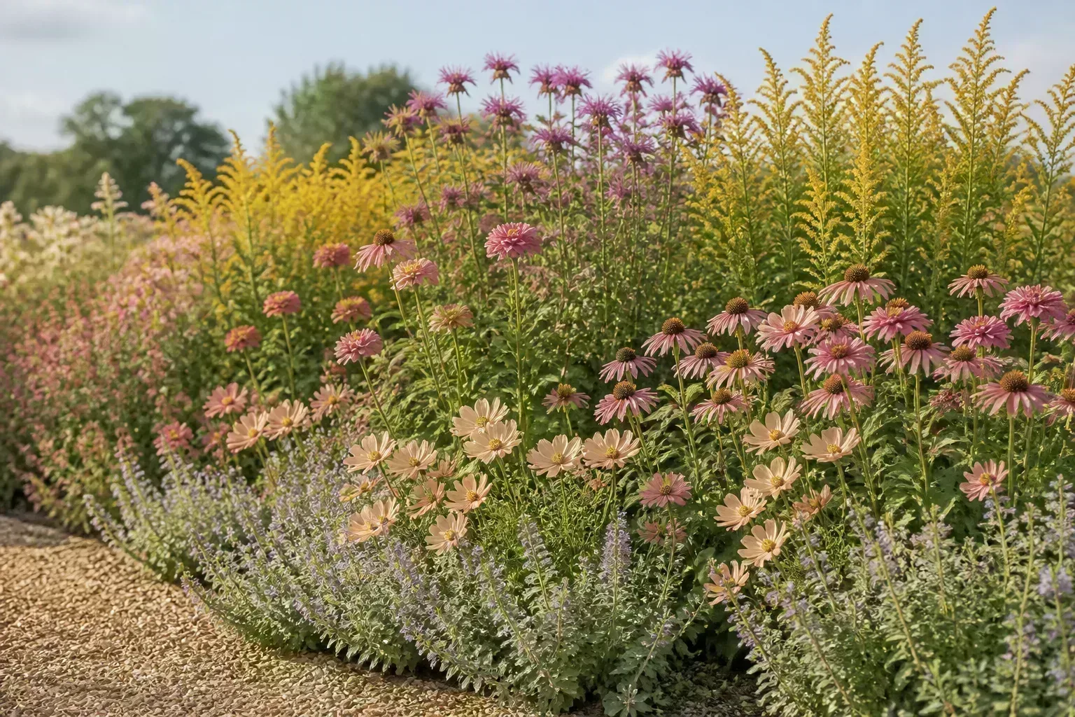Layered summer flower garden with naturalistic planting, pollinator-friendly blooms, and faded dusty-rose and lavender tones