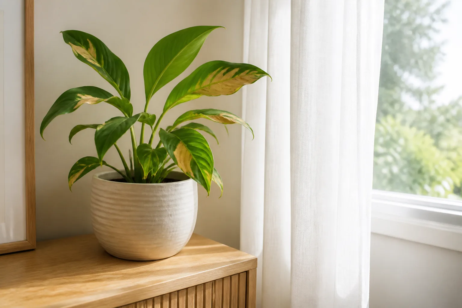 Houseplant moved out of direct sill sun into bright filtered light after leaf scorch
