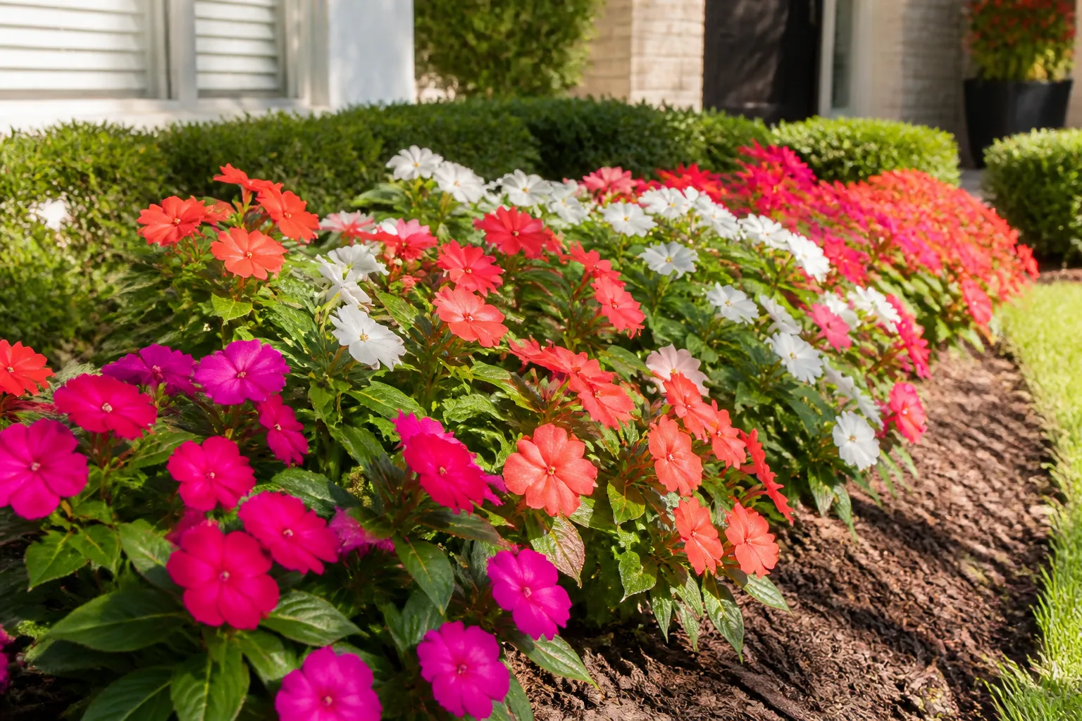 SunPatiens impatiens hybrids in magenta coral and white blooming in a sunny mulched flower bed