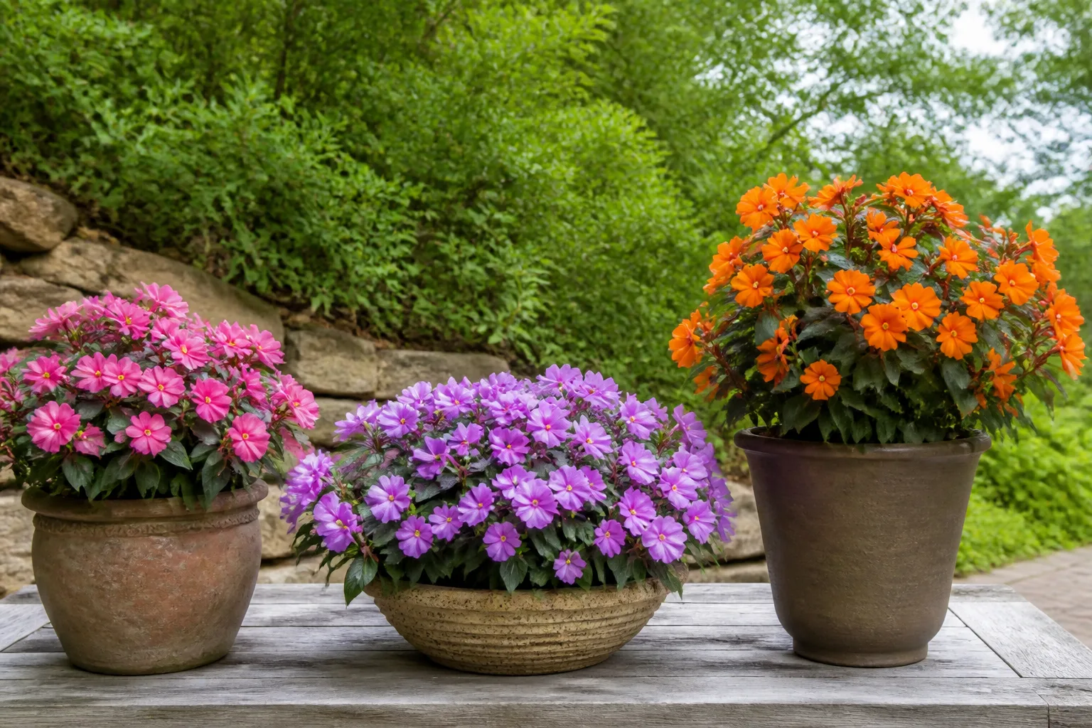 Compact Spreading and Vigorous SunPatiens series shown in different container sizes on a garden bench