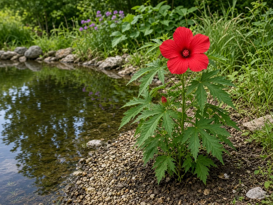 Swamp hibiscus planted at the shallow margin of a backyard pond with moist soil and gravel at the water edge
