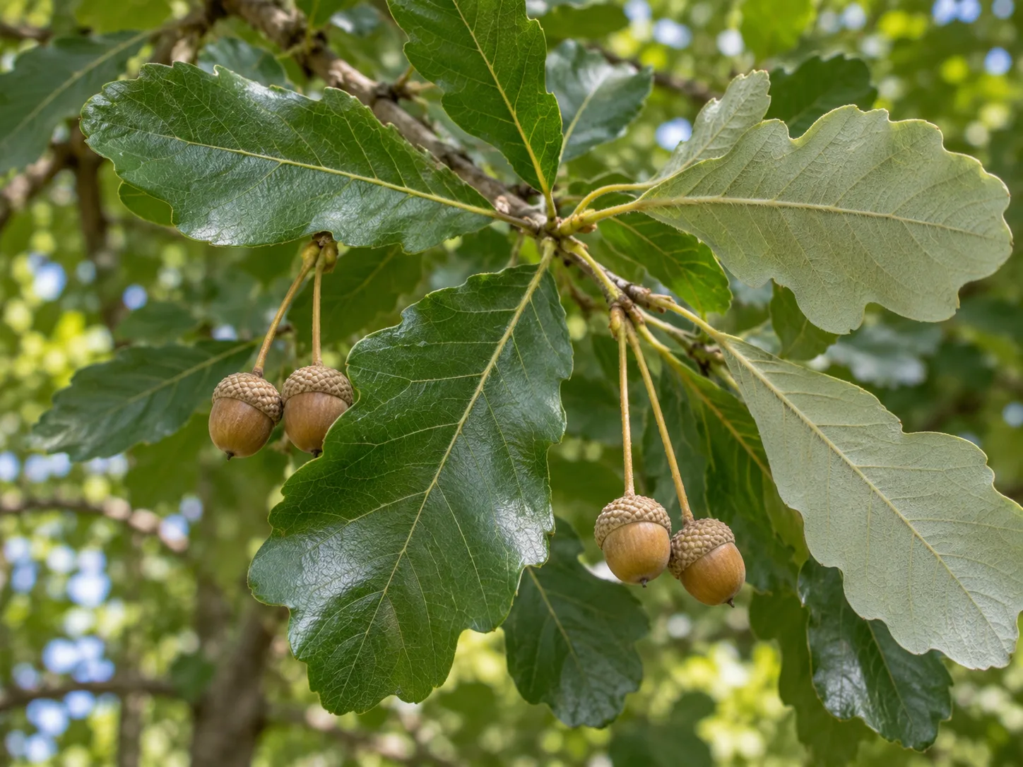 Swamp white oak leaves with shallow rounded lobes and paired acorns on long stalks