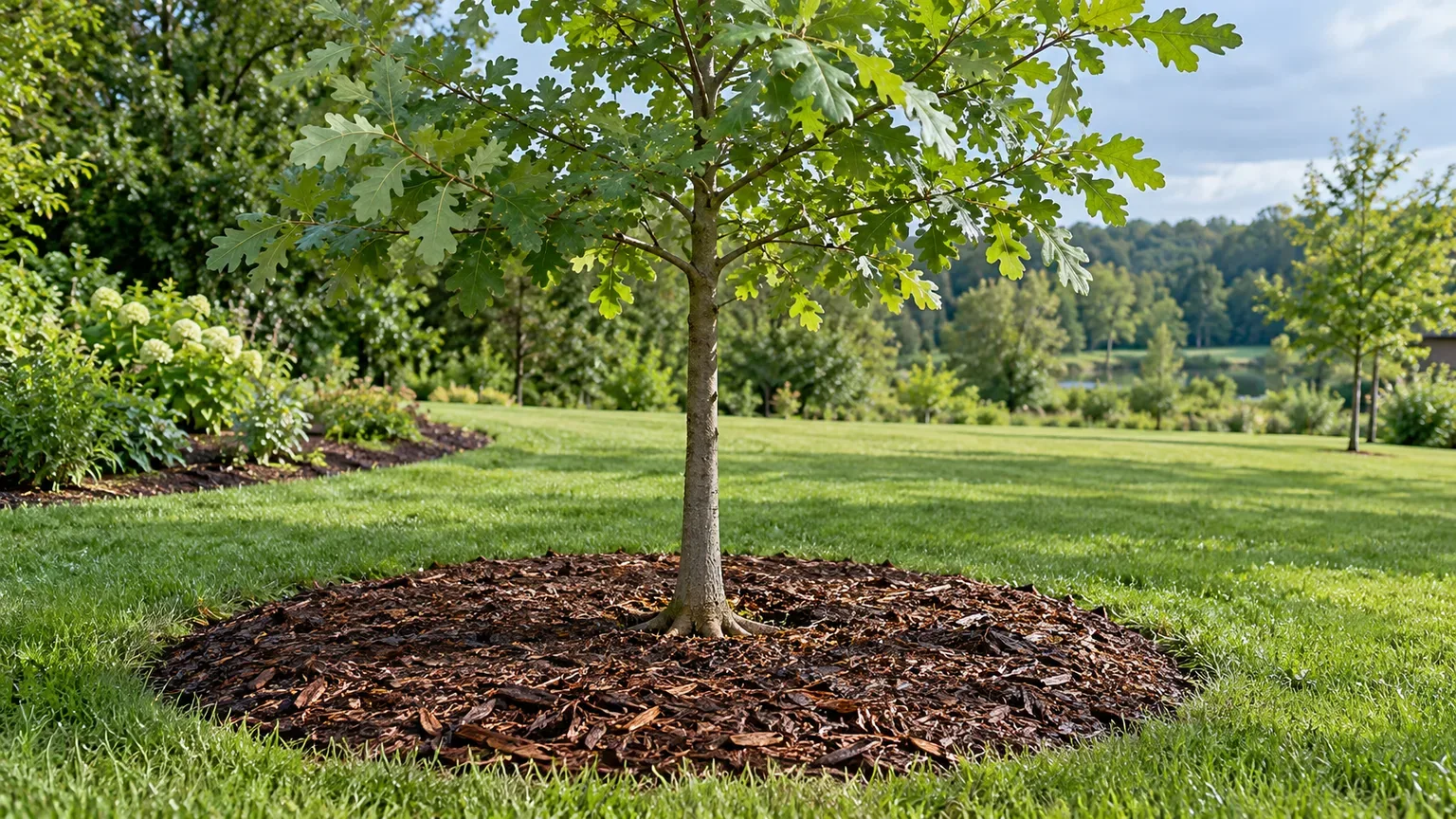 Newly planted swamp white oak with its root flare visible above grade and mulch kept away from the trunk