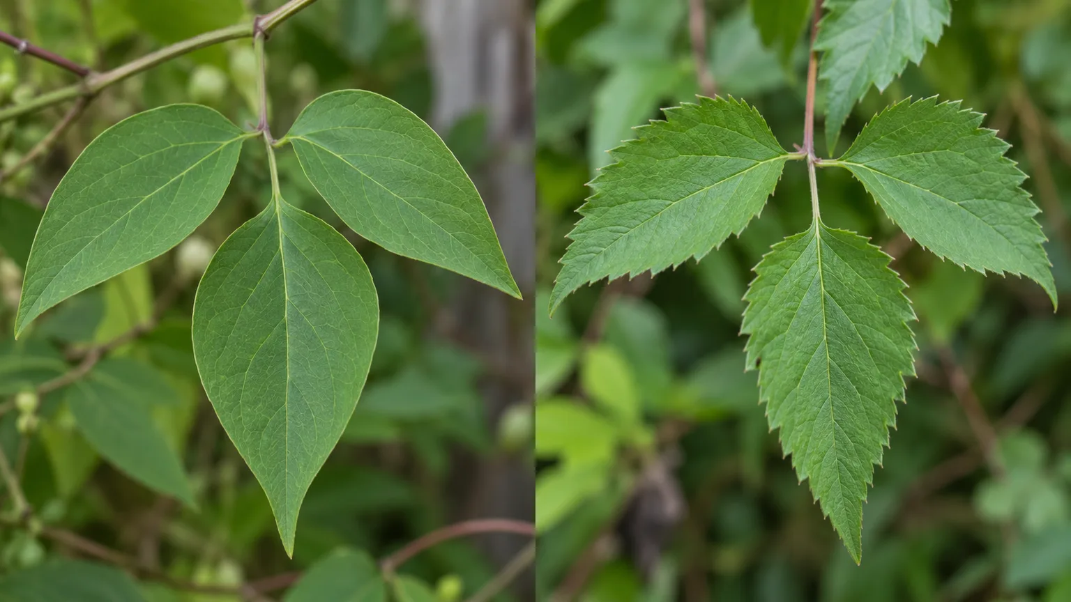 A comparison of smooth-edged sweet autumn clematis leaflets and toothed virgin’s-bower leaflets