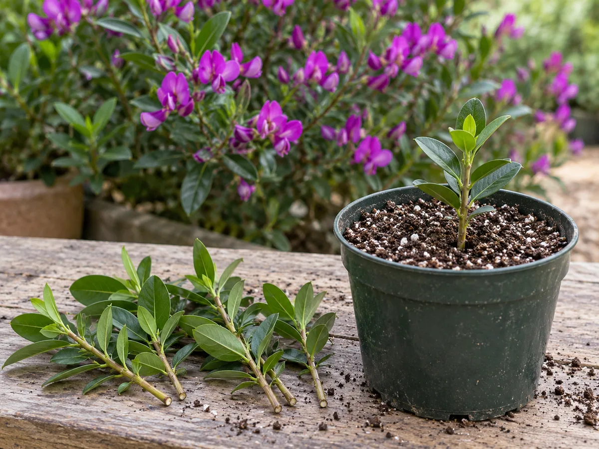 Non-flowering sweet pea shrub side shoots and a planted cutting in airy, moist propagation mix on a sheltered potting bench.