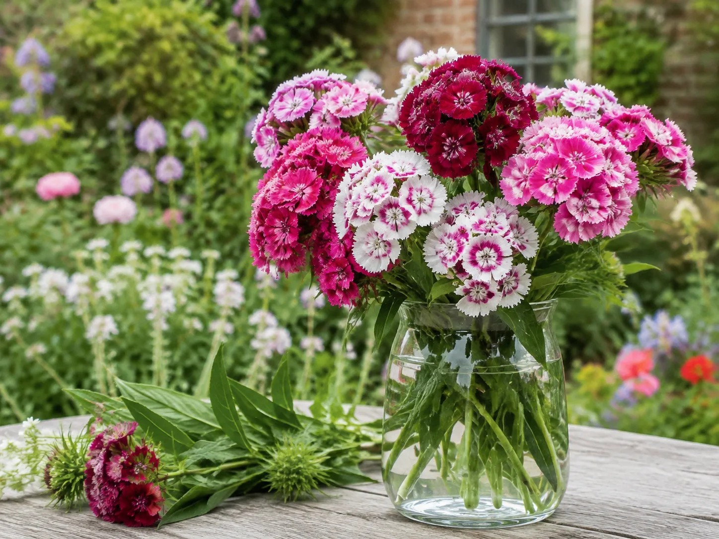 Freshly harvested Sweet William stems arranged in a glass vase in a cottage garden