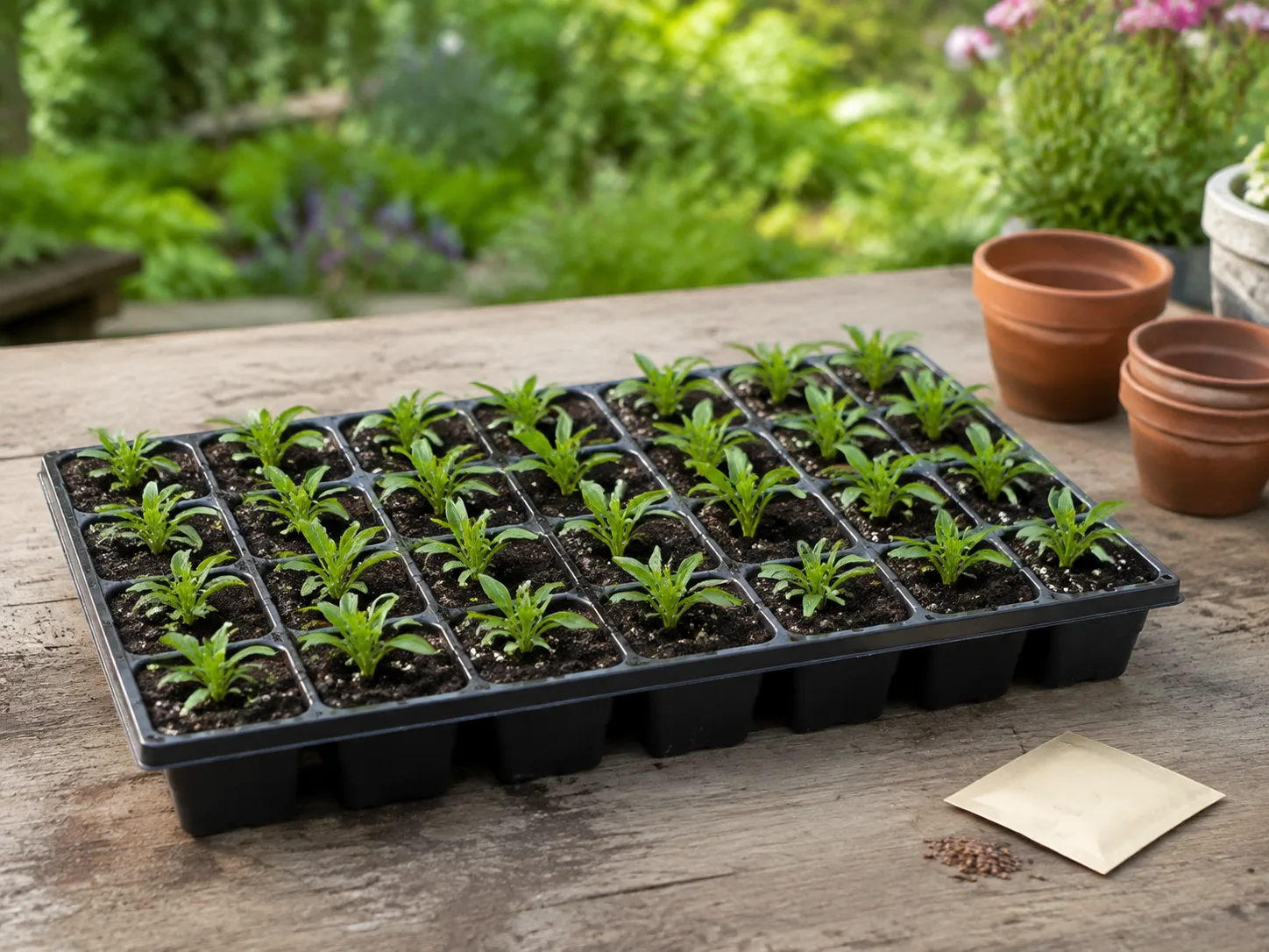 Young Sweet William seedlings growing in a modular seed tray