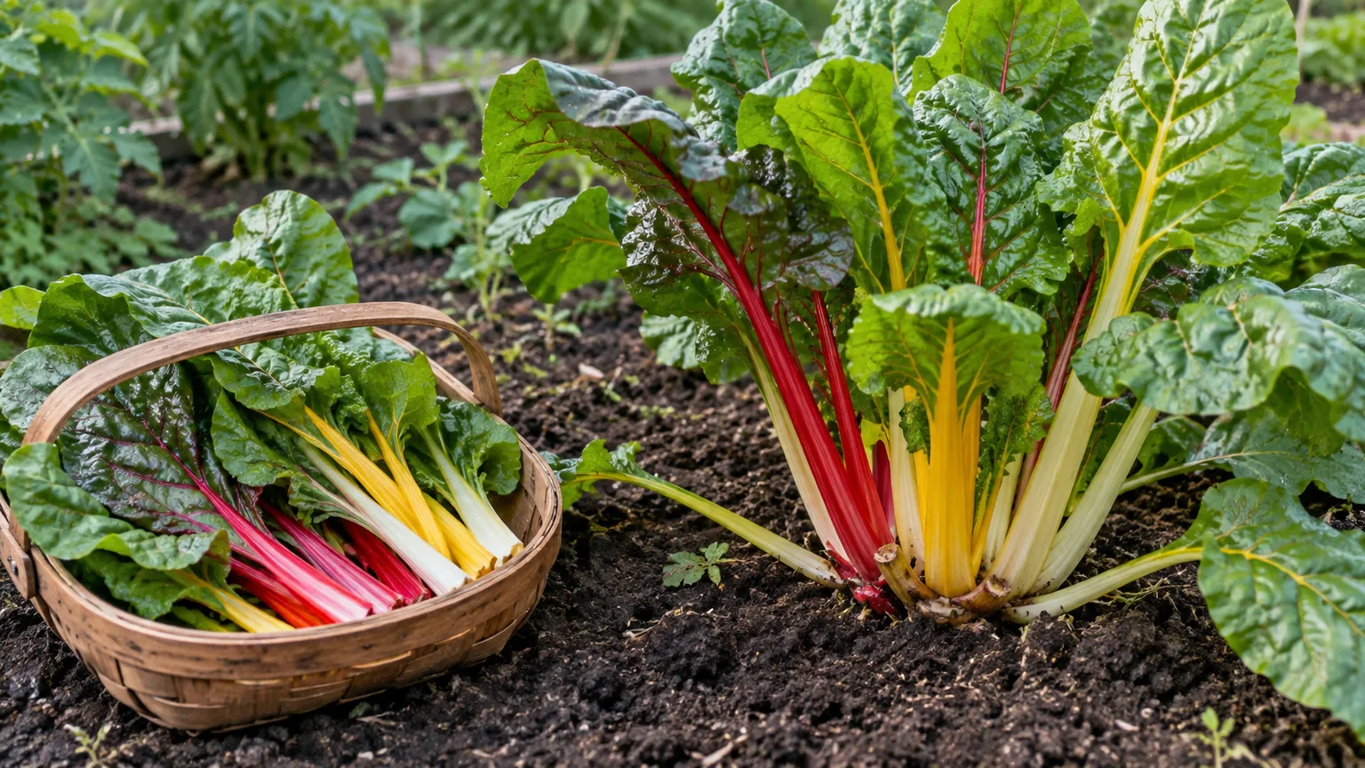 A basket of freshly picked Swiss chard leaves beside a mature plant with its center left intact