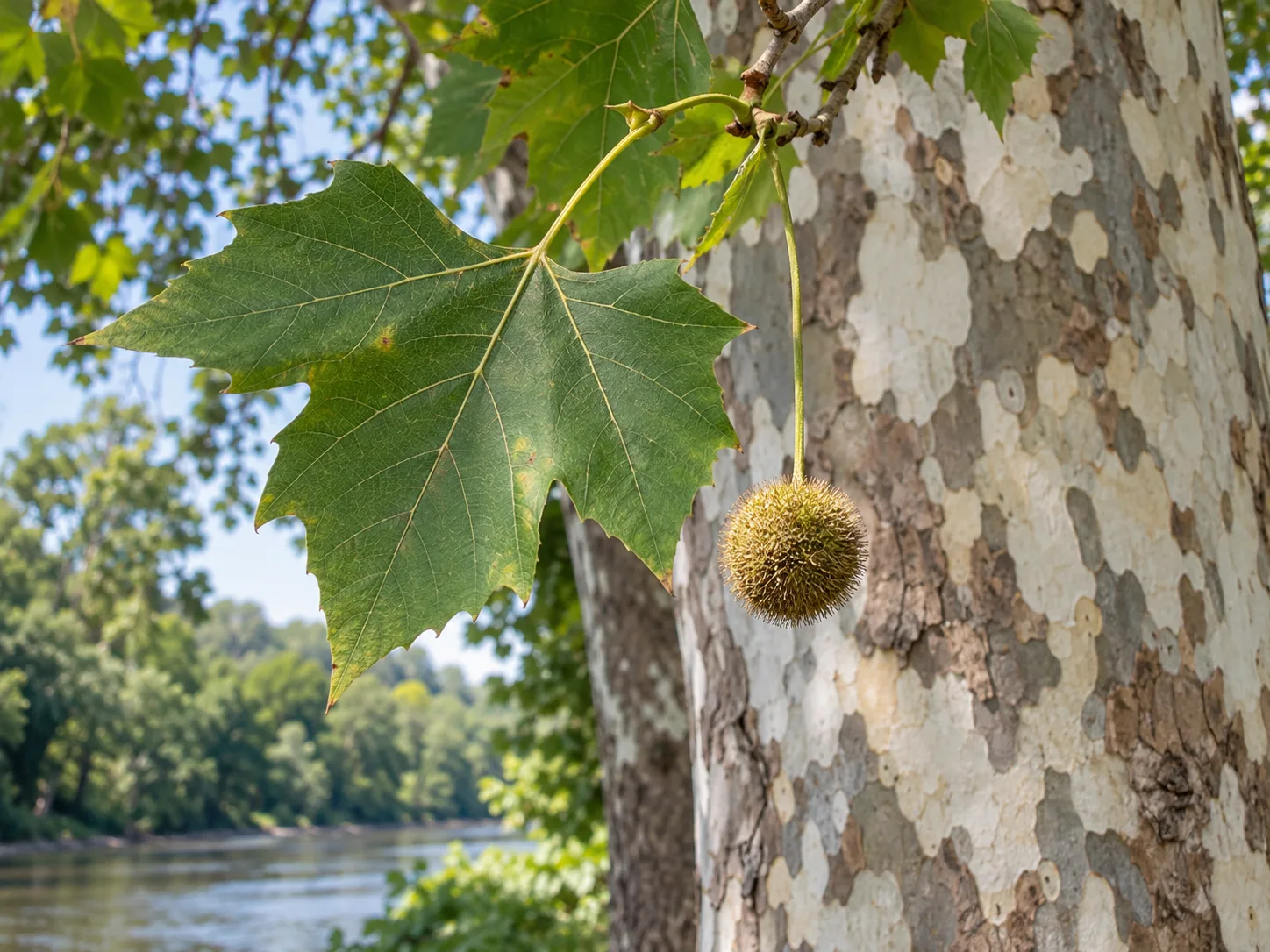 American sycamore with a broad lobed leaf, a round seed ball, and mottled patchwork bark