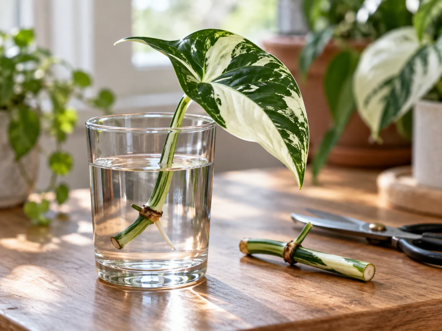 Syngonium Albo stem cutting with its node and aerial root in water while the leaf stays above the rim