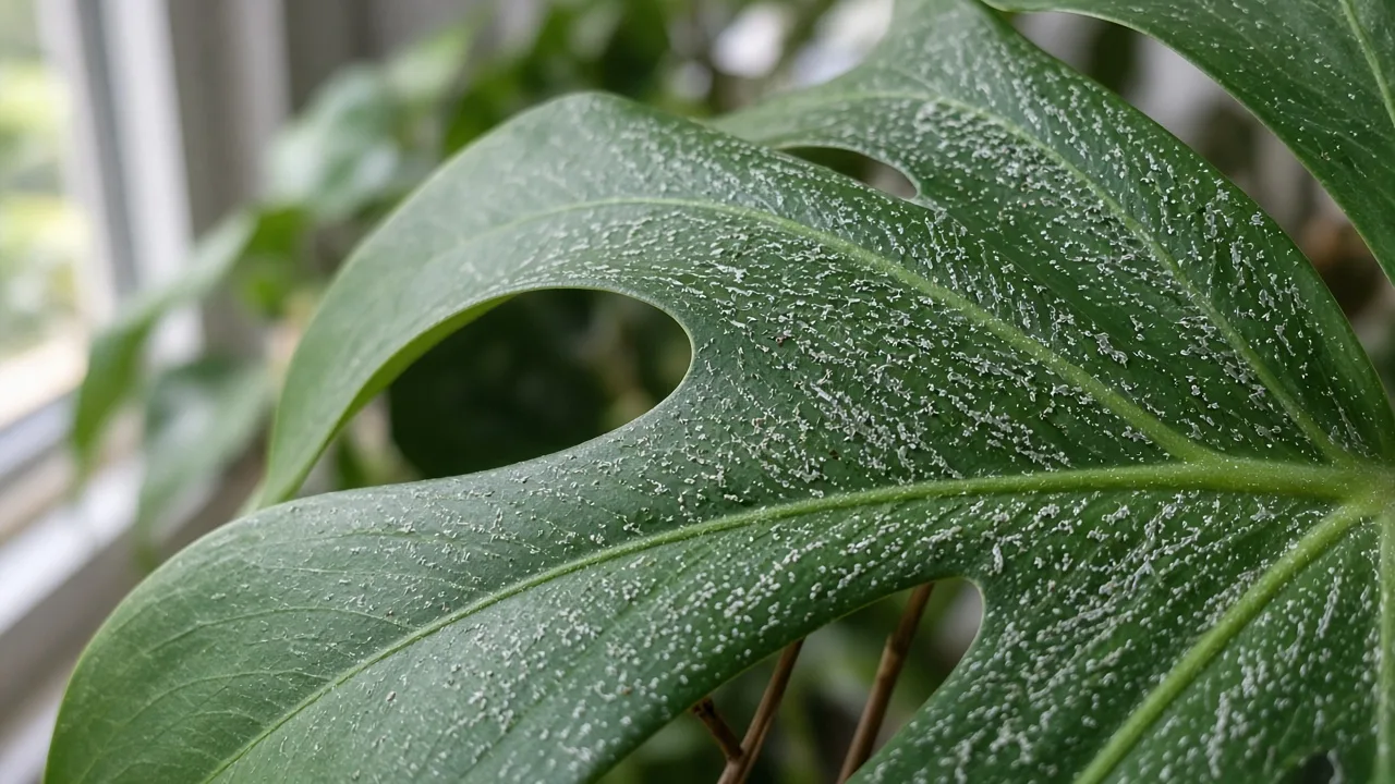 Thrips damage on a Monstera in a bright indoor plant corner