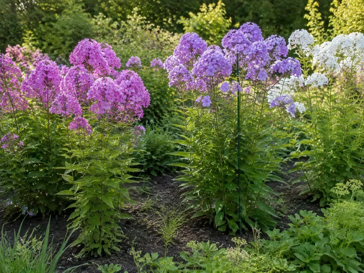 Tall garden phlox planted in airy outdoor clumps with discreet supports in a sunny perennial bed