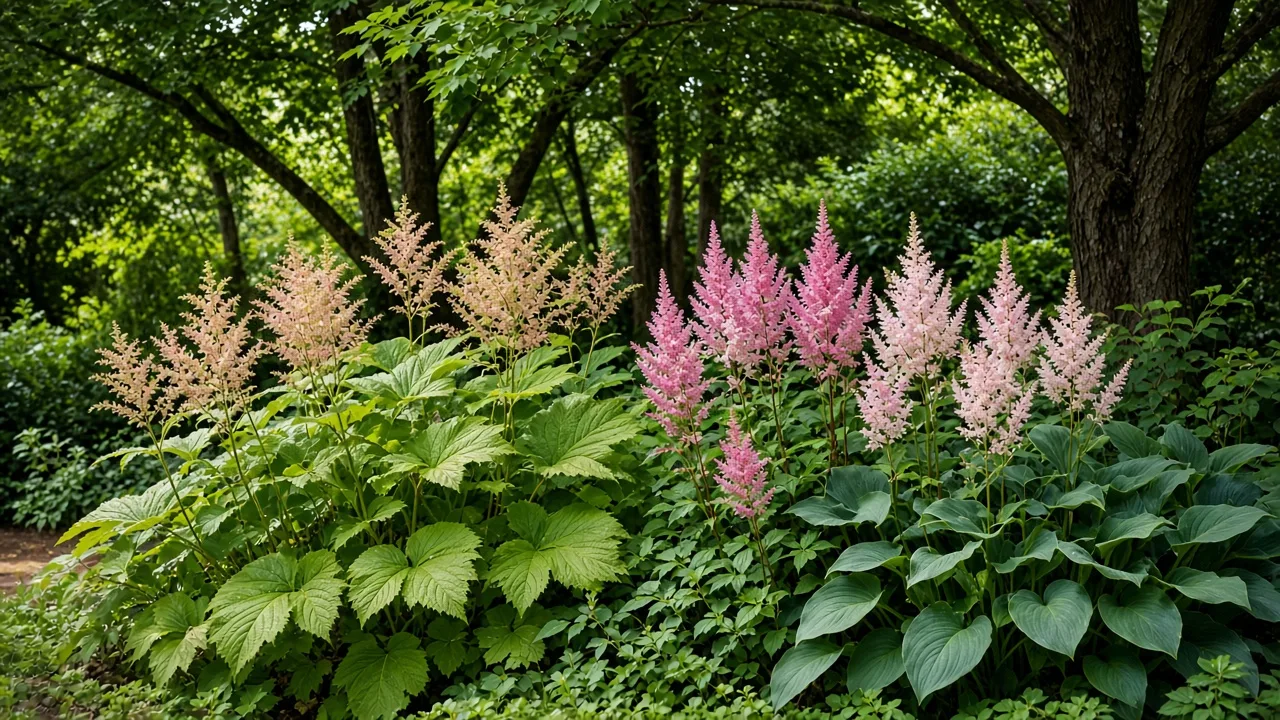 Layered shade garden with tall shrubs, woodland perennials, and small ornamental trees