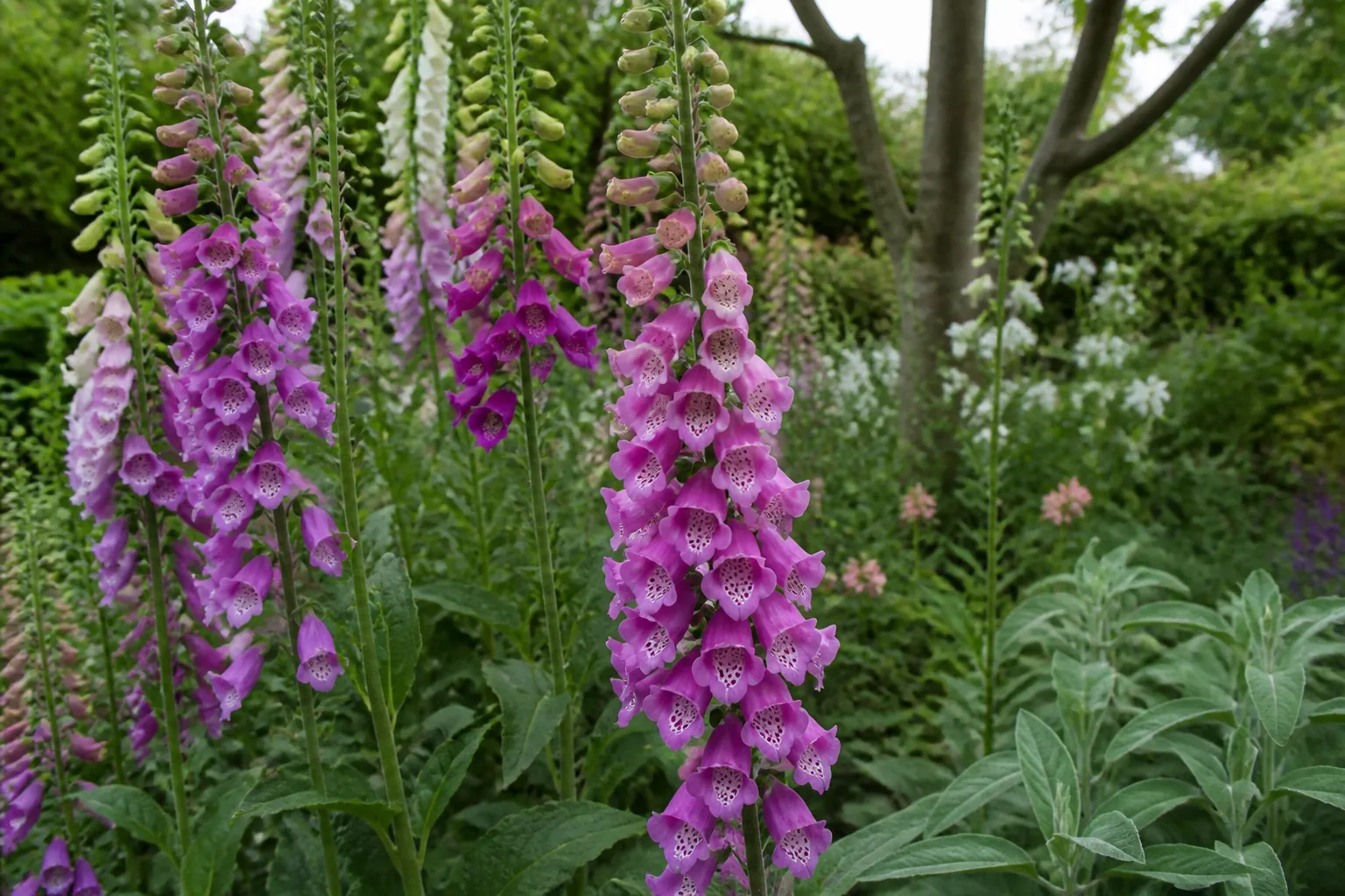 Tall common foxglove flower spikes with purple and pink tubular blossoms in a cottage garden border