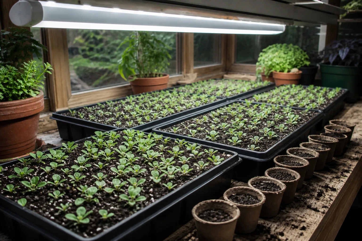 Indoor seed-starting trays with young foxglove seedlings under grow lights