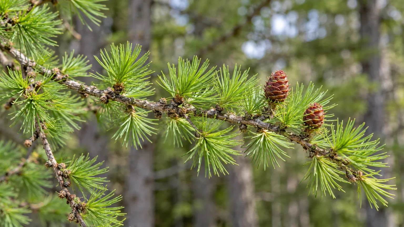 Blue-green tamarack needles grow in small clusters along a branch with small cones.