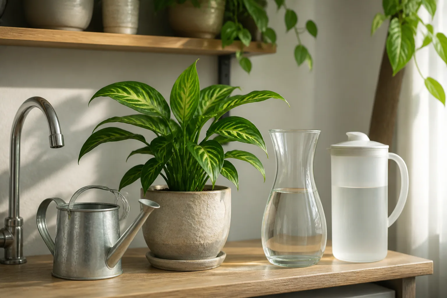 Three watering cans suggesting tap, filtered, and rainwater options beside a houseplant