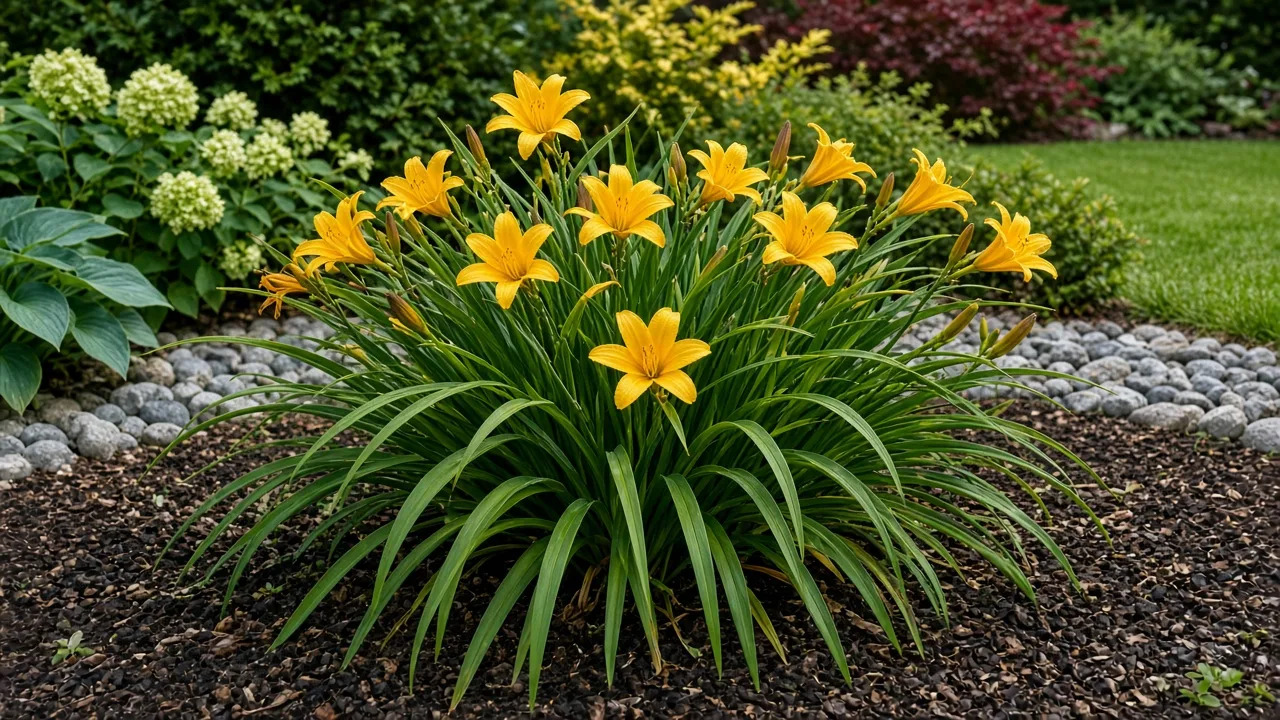 Stella d'Oro daylily blooming in a sunny perennial border