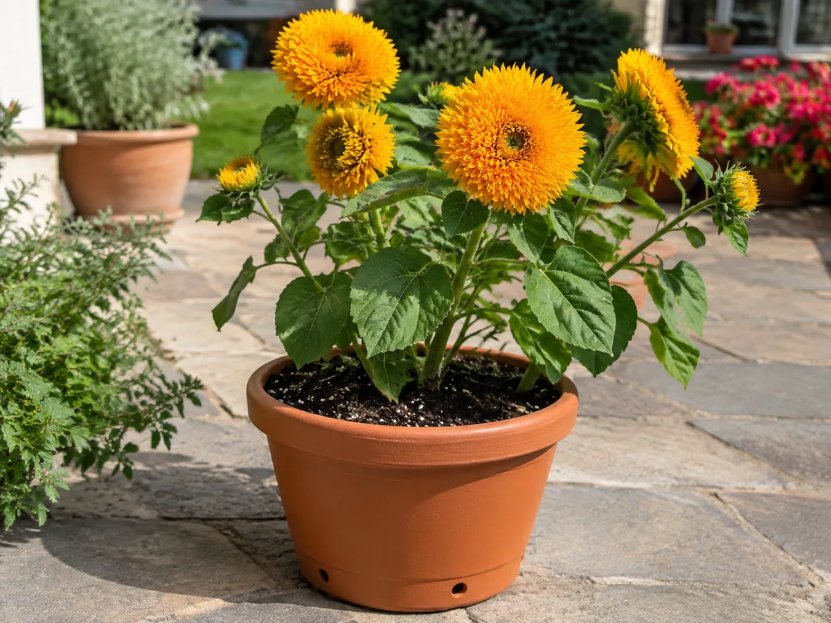 Compact Teddy Bear sunflower growing in a deep terracotta container on a sunny patio