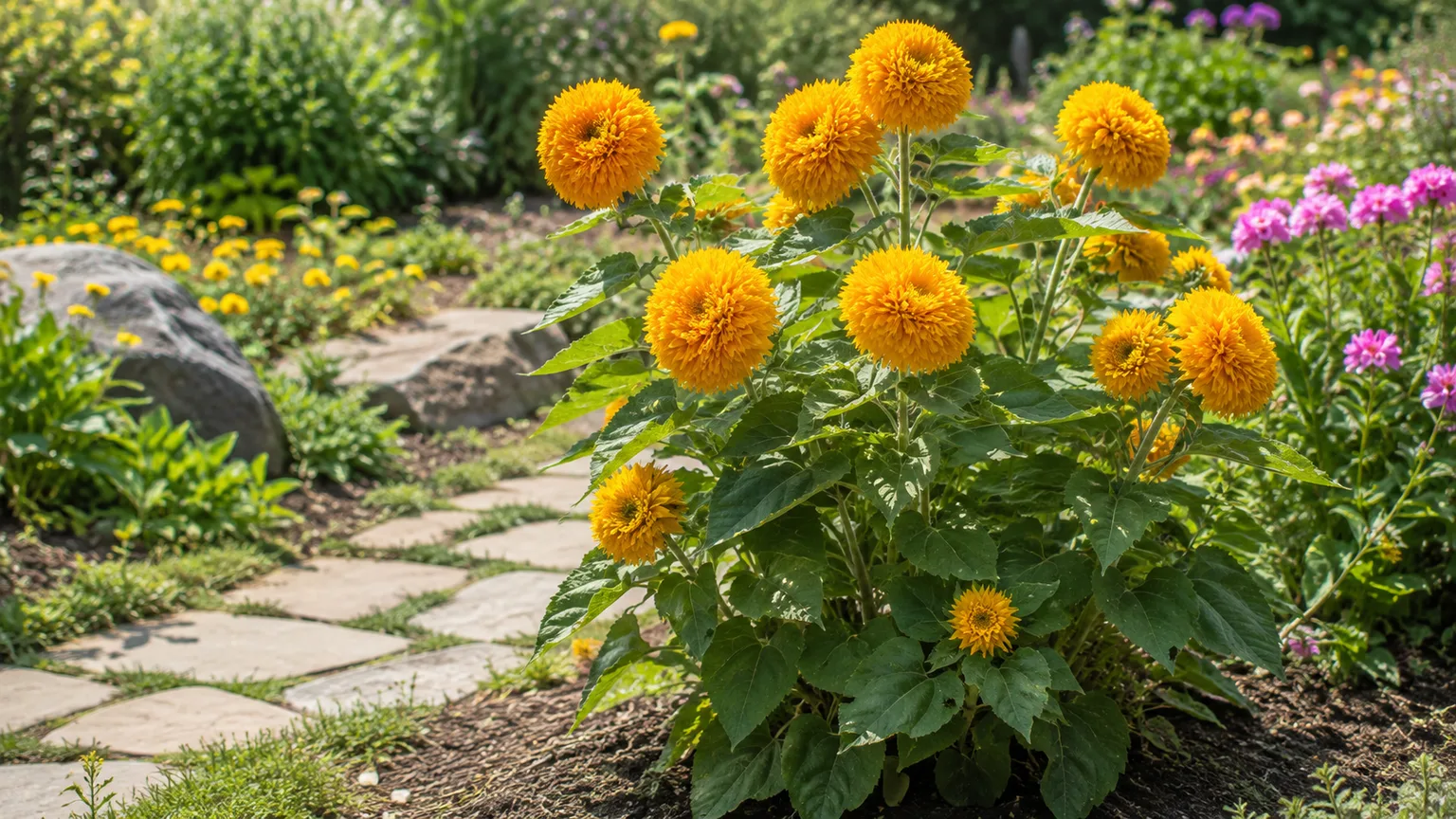Healthy Teddy Bear sunflower with fluffy double golden blooms in a sunny garden bed