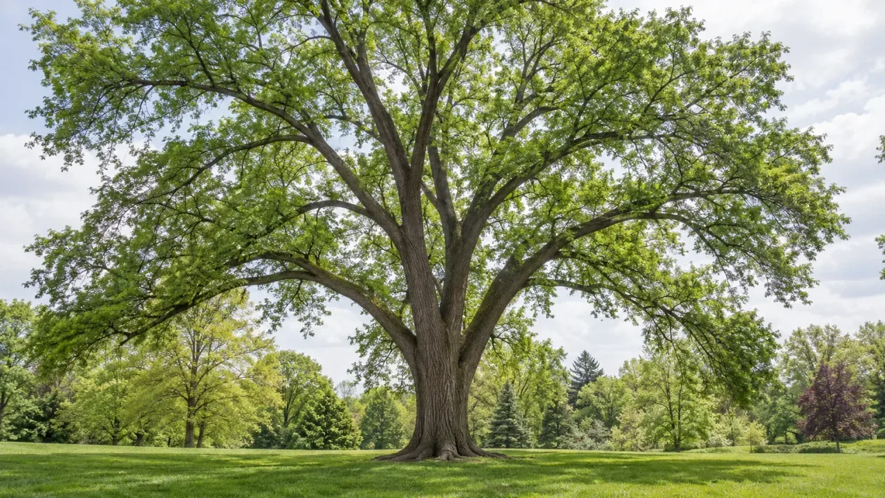 Mature vase-shaped elm with a high arching canopy in a park