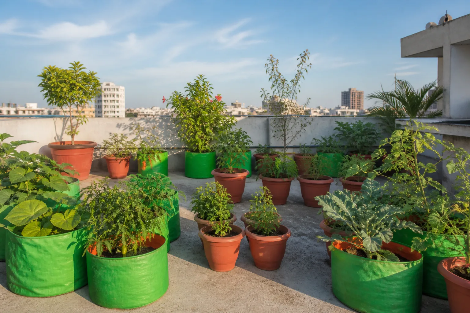 Indian rooftop terrace with grow bags and pots under bright sky