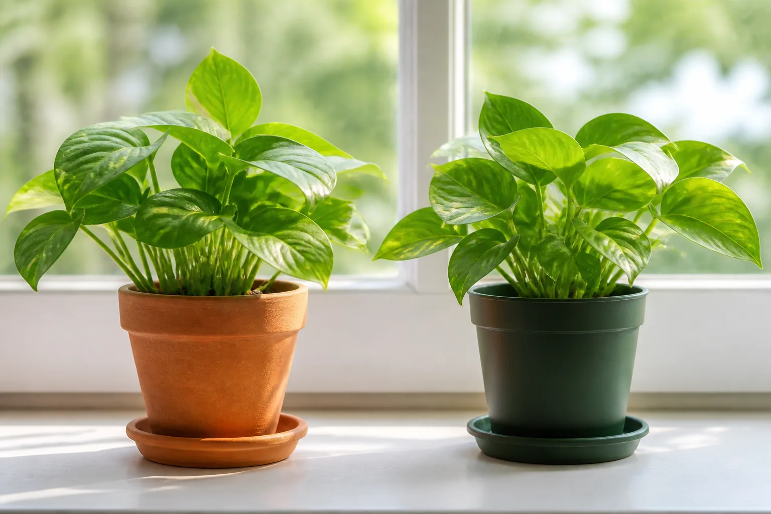 Terracotta clay pot and plastic nursery pot with houseplants side by side on a bright windowsill