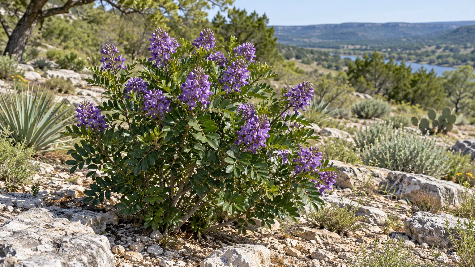 Texas mountain laurel growing in a sunny, open limestone garden with space around its mature crown