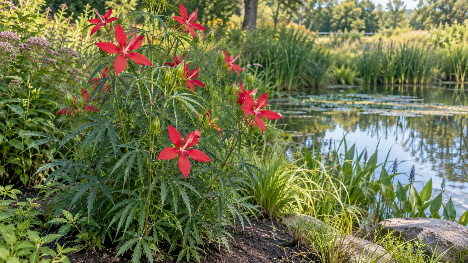Texas star hibiscus with scarlet star-shaped blooms and narrow-lobed foliage planted in damp soil beside a pond