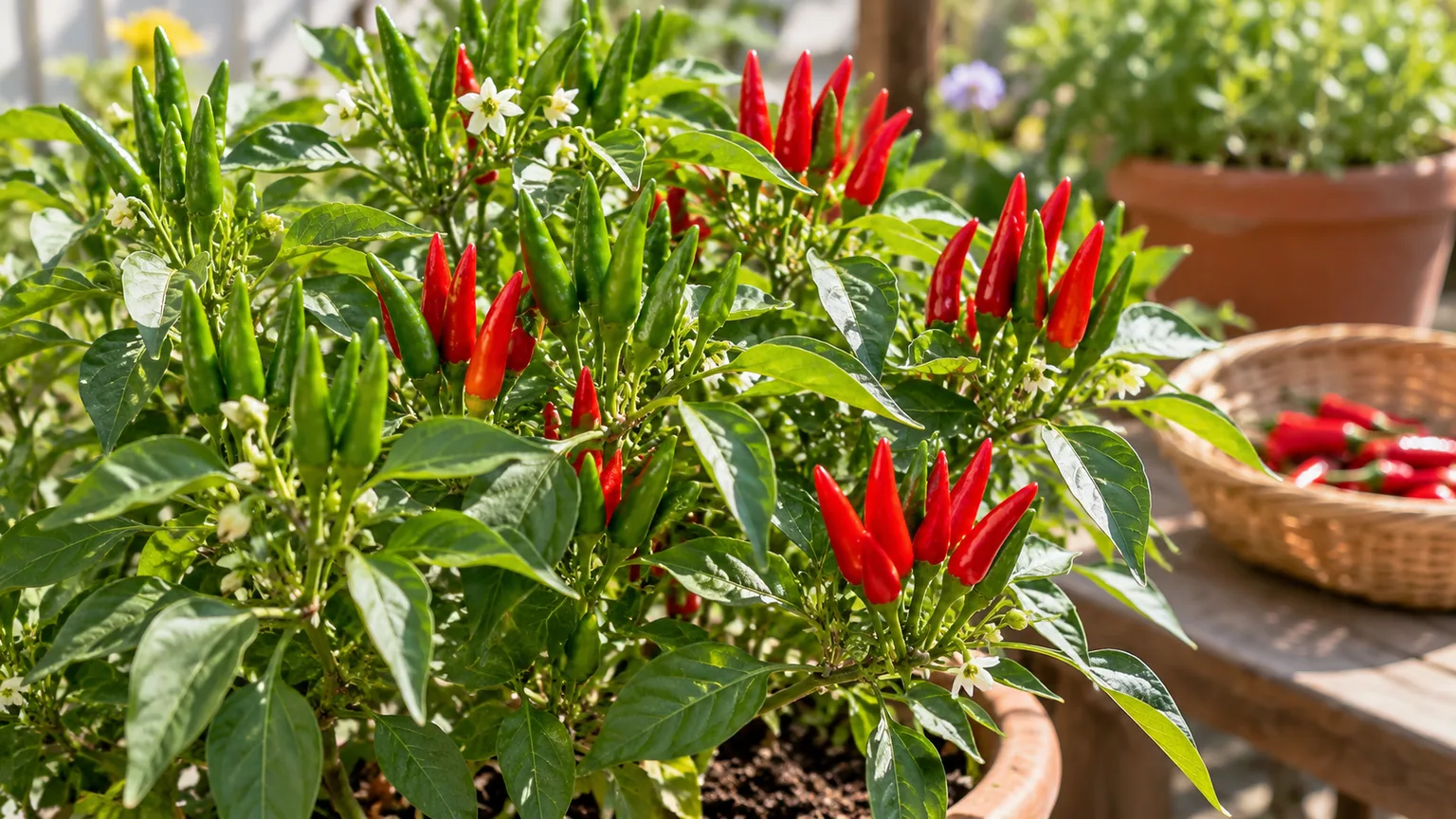 Thai bird’s-eye peppers at full green size and fully ripe red color on the same plant.