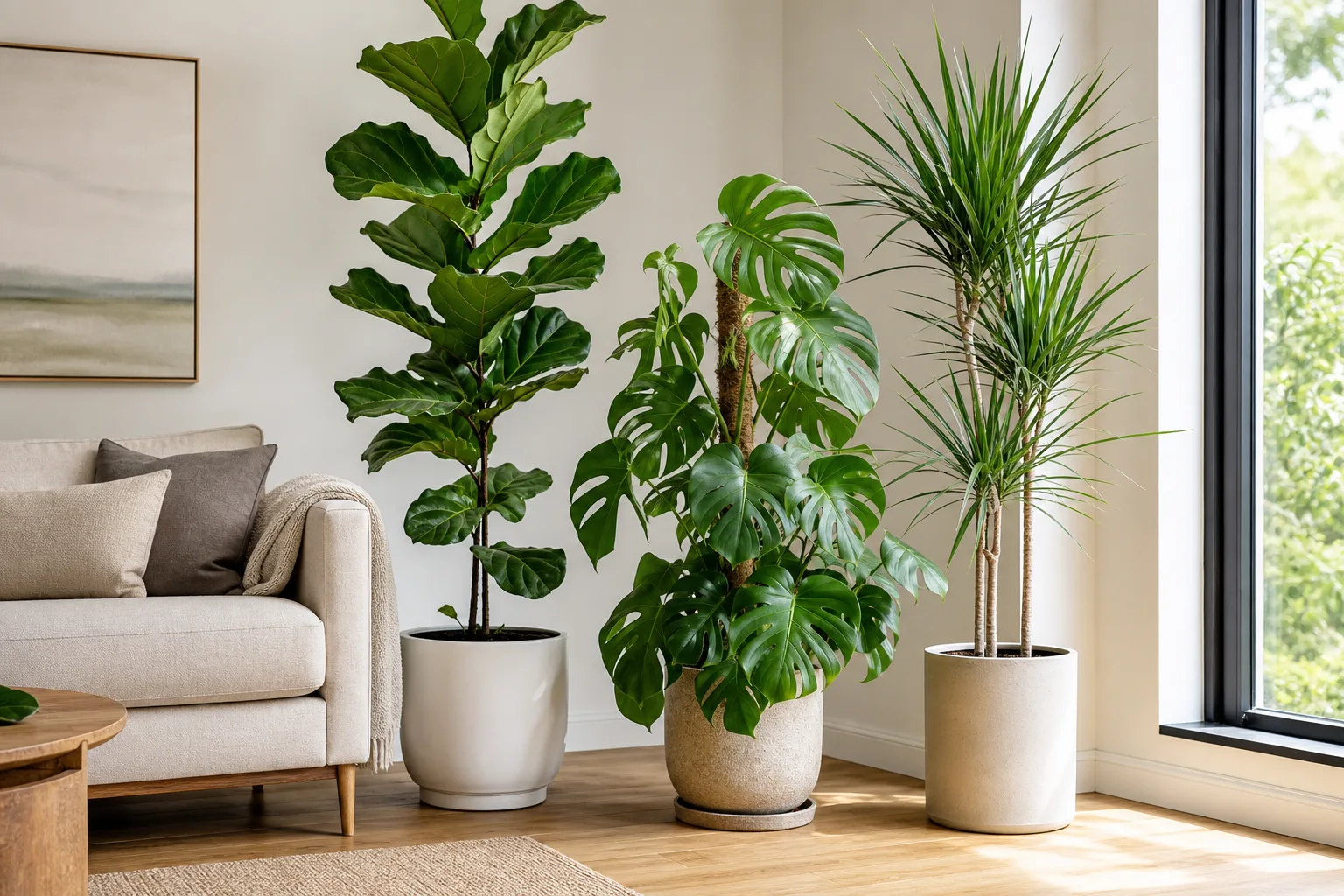 Large indoor plants at realistic home scale beside living-room furniture