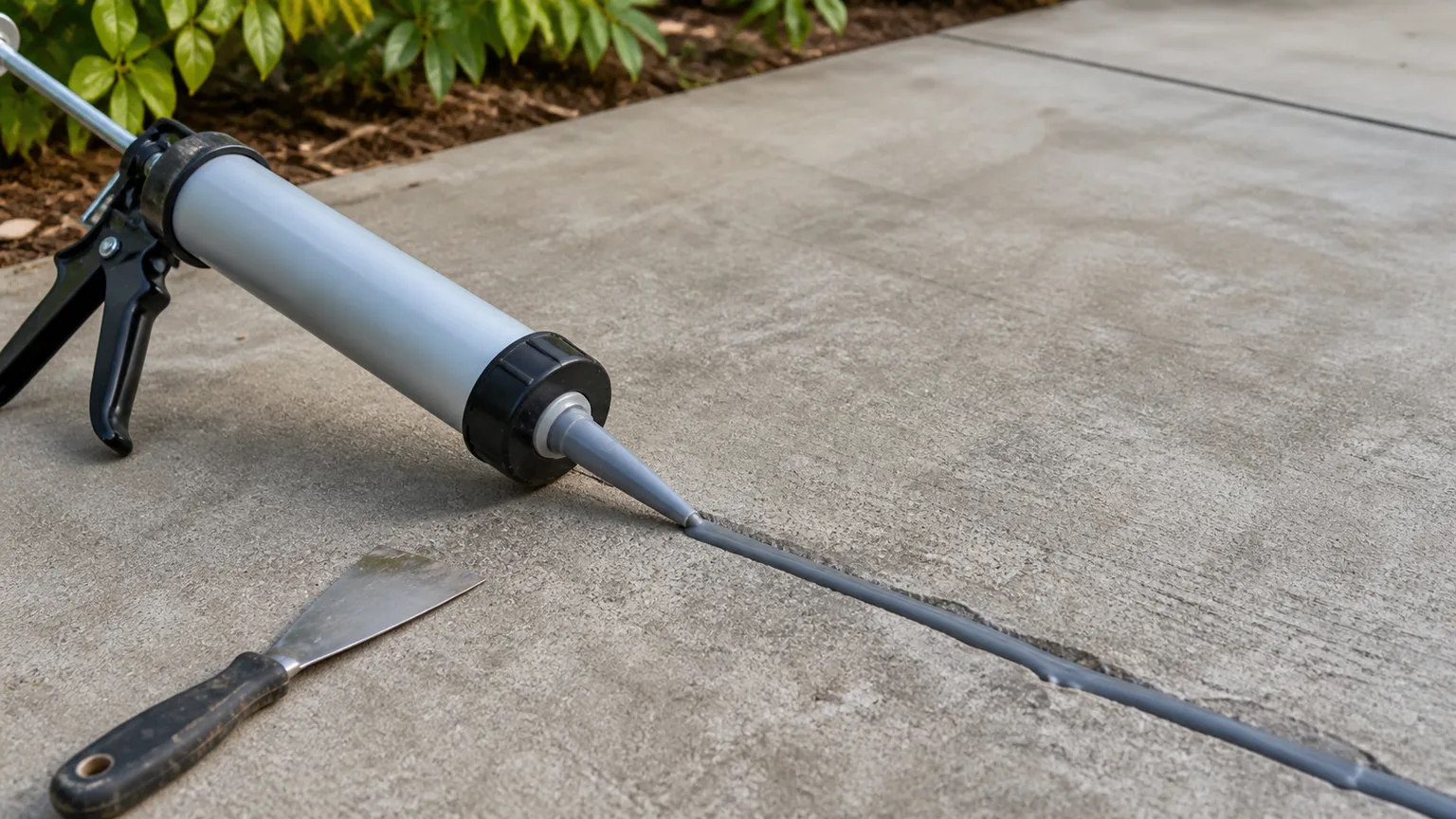 A smooth gray sealant bead being applied along a horizontal concrete crack with an unbranded caulking gun