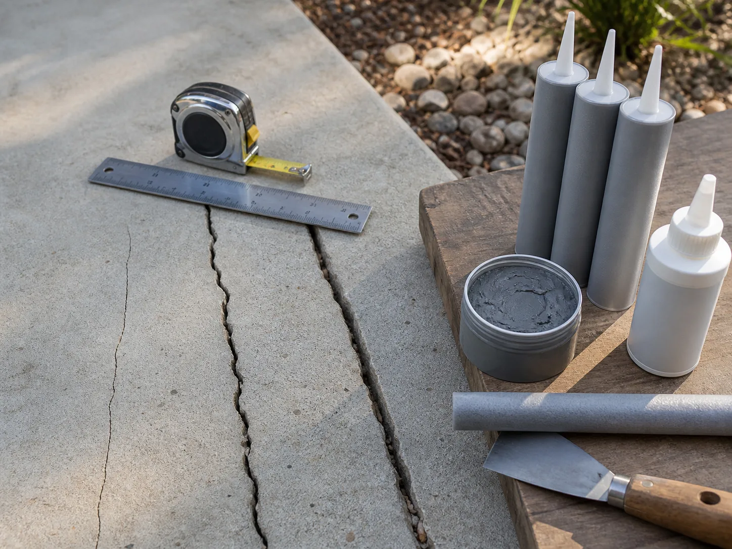Unbranded concrete crack filler materials arranged beside cracks of different widths and a measuring ruler