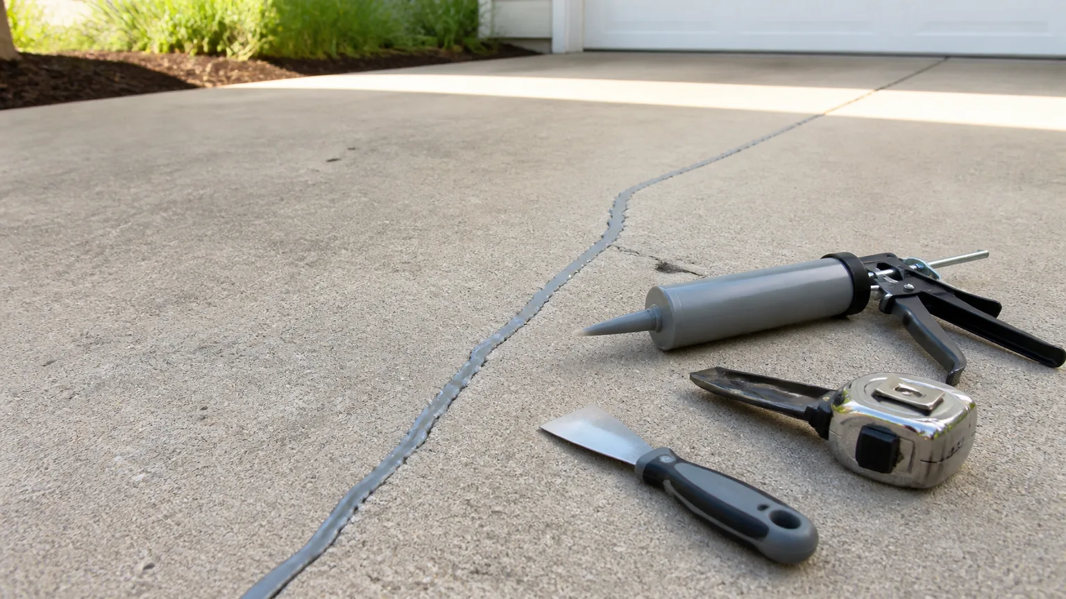 Freshly sealed concrete driveway crack with a caulking gun and repair tools
