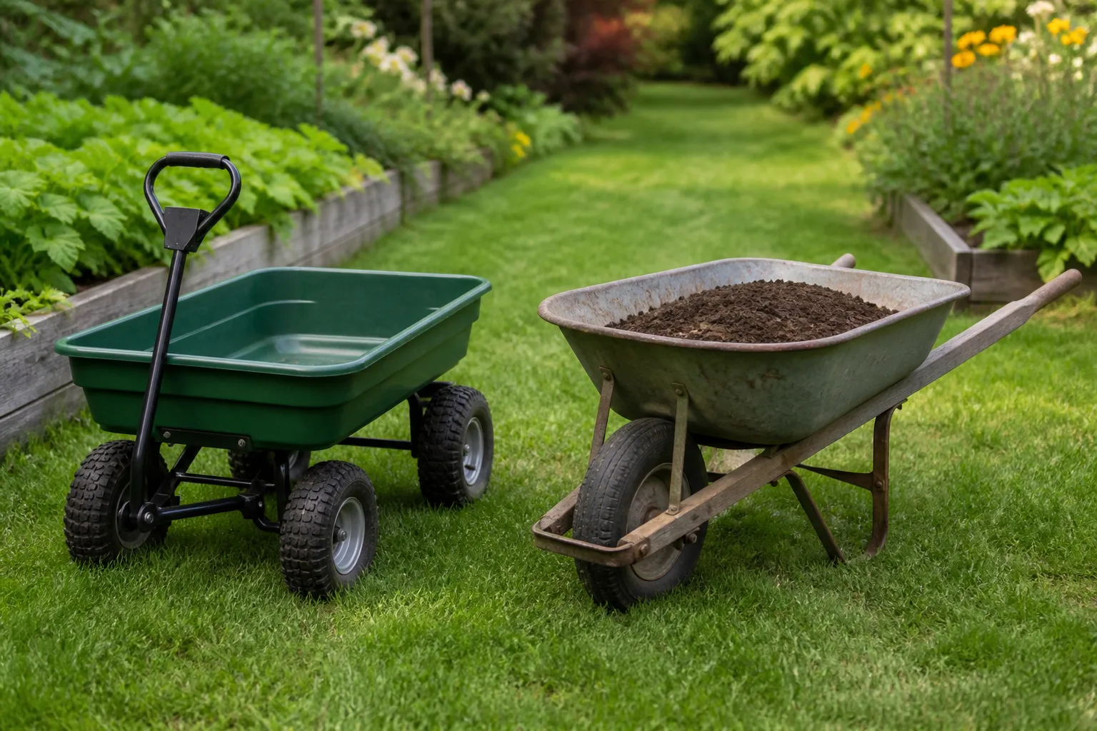 Four-wheel garden utility wagon and single-wheel wheelbarrow side by side on a backyard lawn path near raised beds