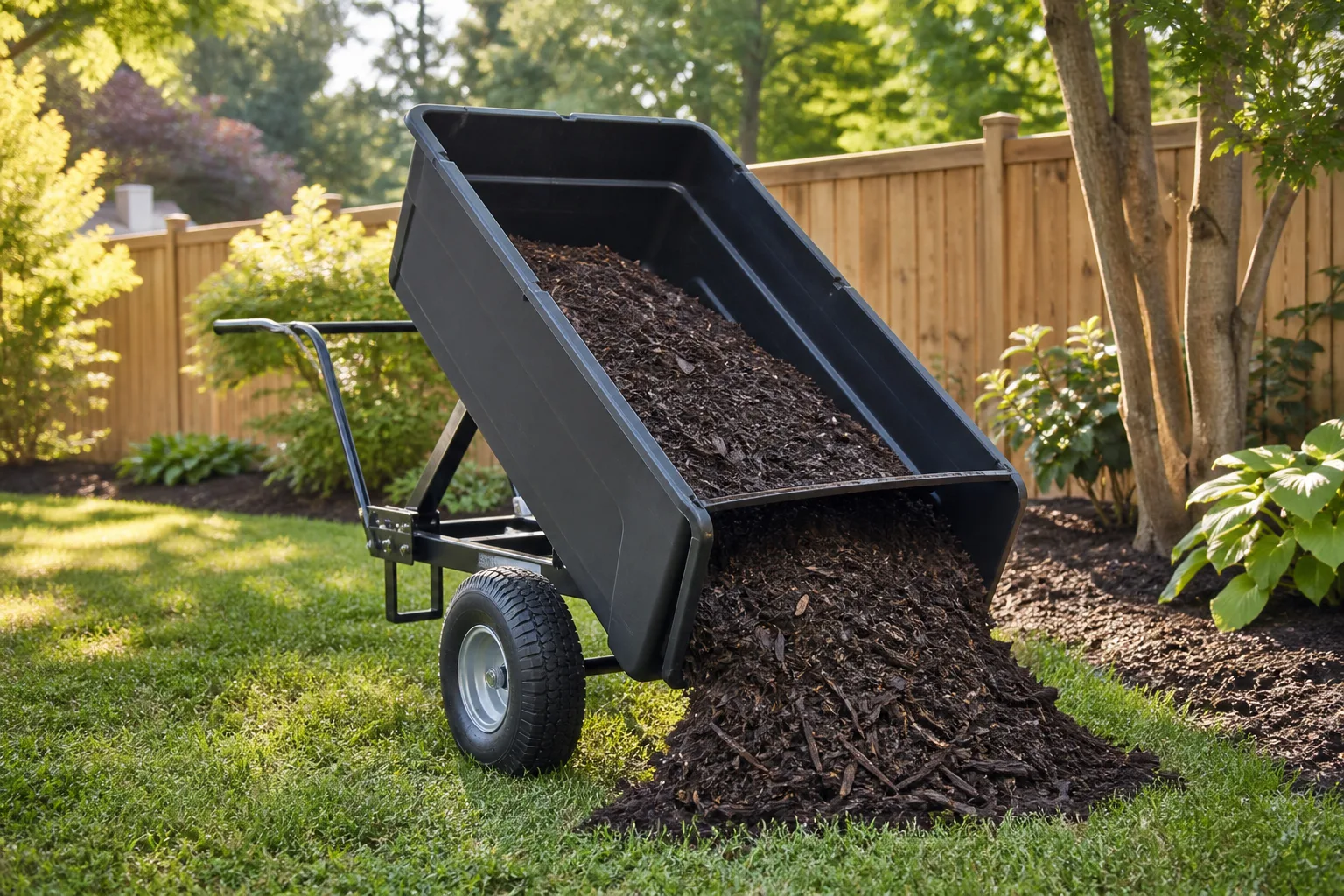 Garden dump cart with pneumatic tires tilting to unload dark mulch onto a backyard lawn