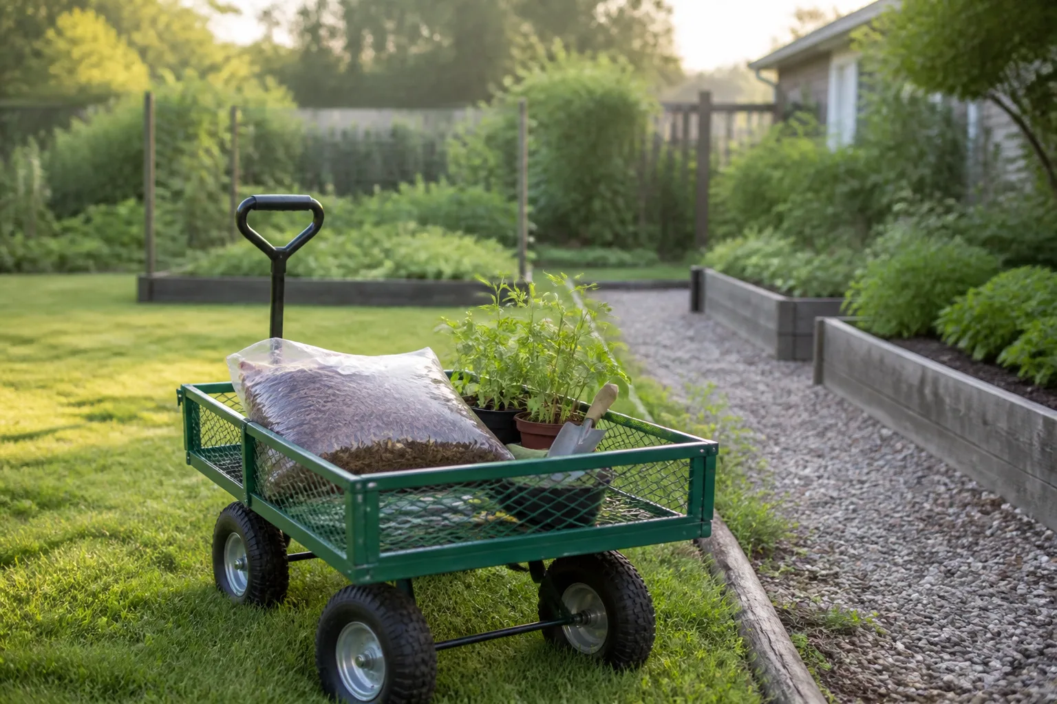 Four-wheel garden utility cart loaded with a mulch bag, hand trowel, and potted plants on a backyard lawn beside raised beds