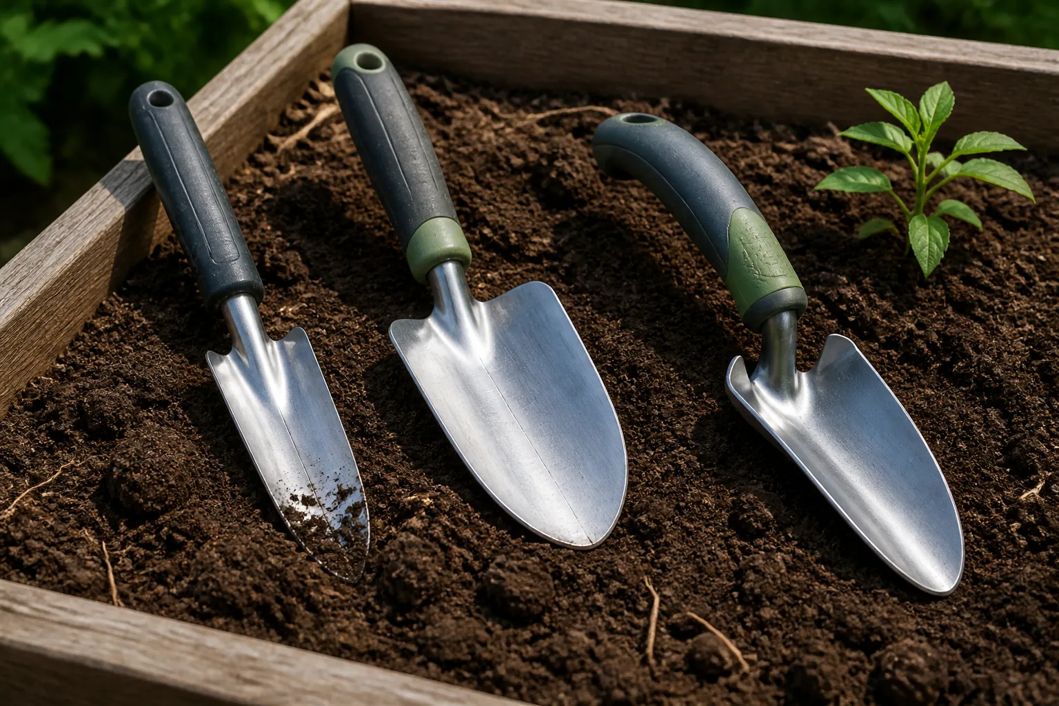Three unbranded garden trowels with pointed, broad, and curved ergonomic profiles resting in a raised bed