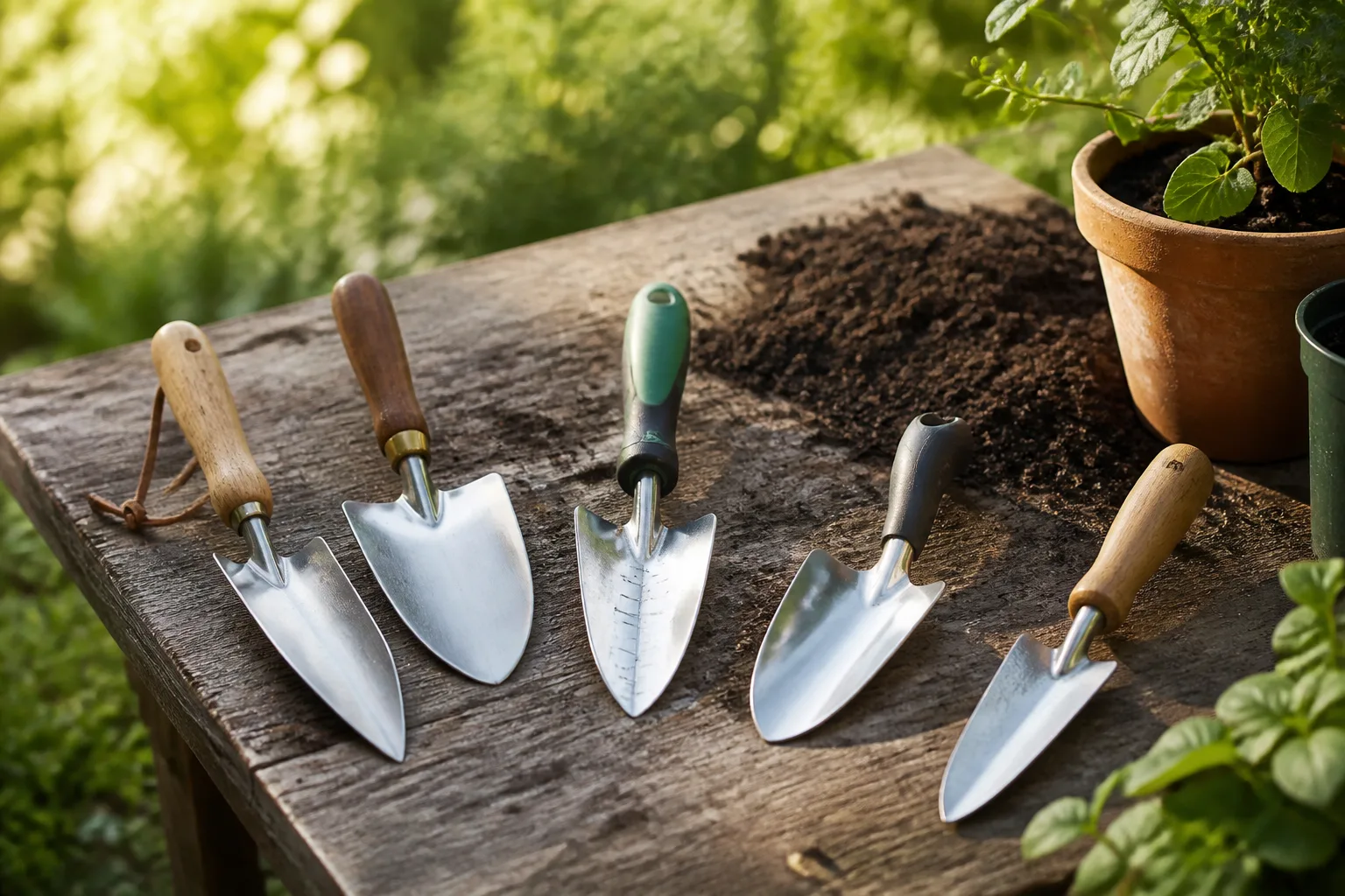 Five unbranded garden trowels with different blade shapes arranged on a potting bench beside soil and a seedling