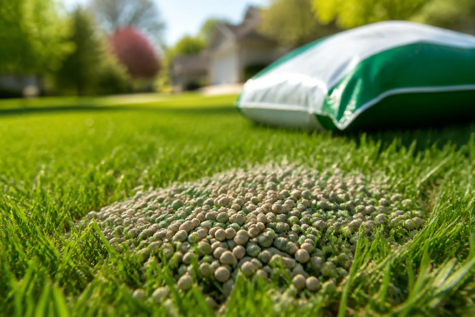 Granular lawn product spread across green turf with a broadcast spreader