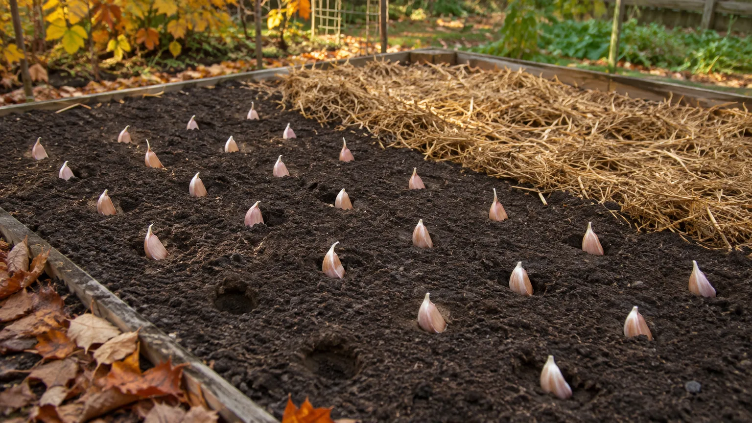 Garlic cloves planted point-up in a prepared autumn garden bed