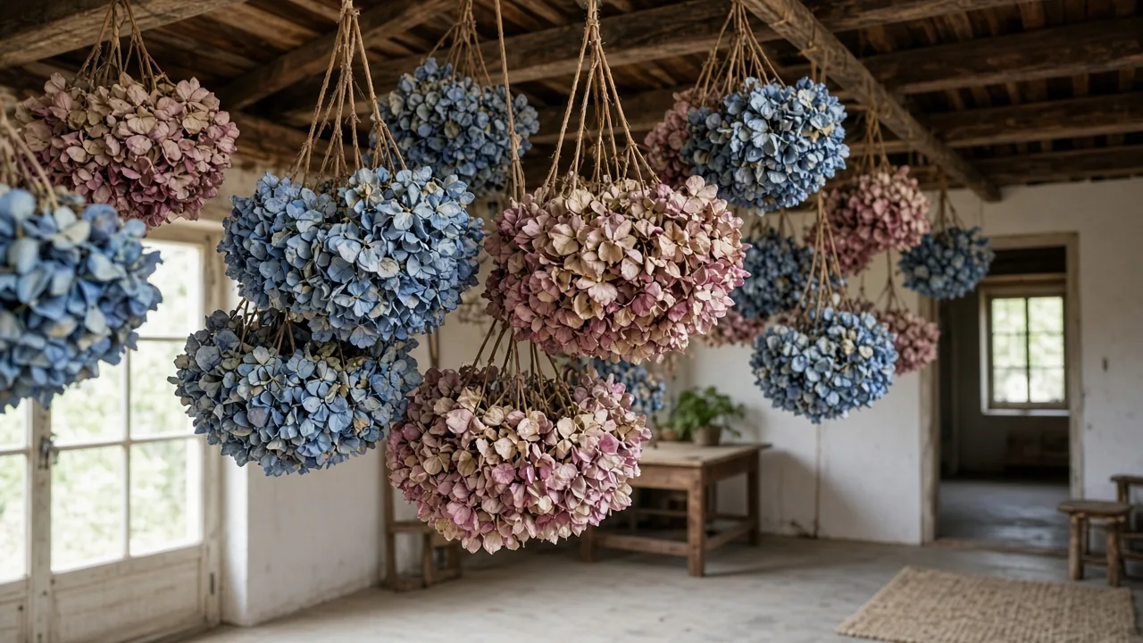 Pink and blue bigleaf hydrangea flower heads growing in a garden bed