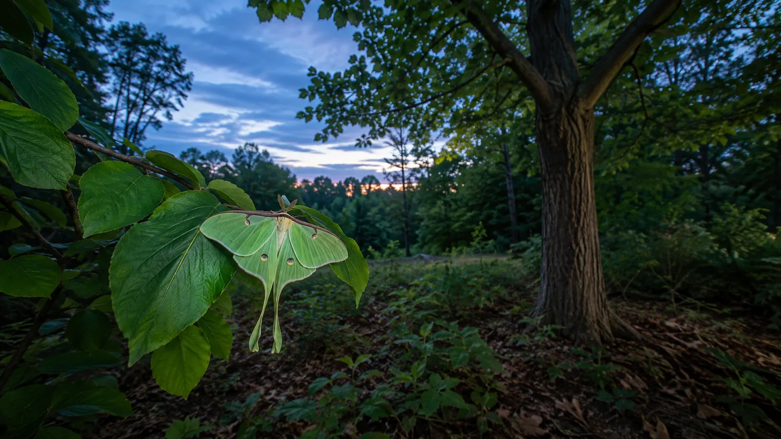 Pale green luna moth resting on a host-tree branch at the edge of a leafy garden at dusk