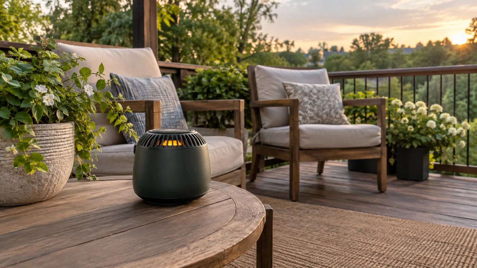 A compact mosquito repeller on a backyard deck beside outdoor seating at sunset