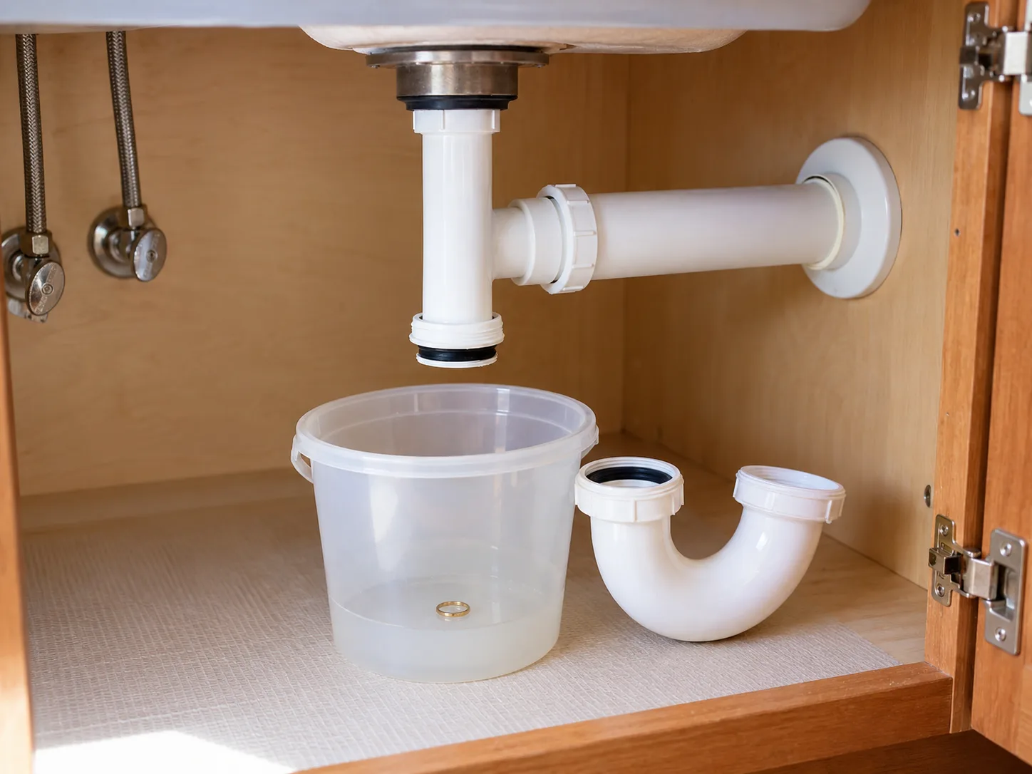 An under-sink P-trap removed over a bucket, with a recovered ring inside
