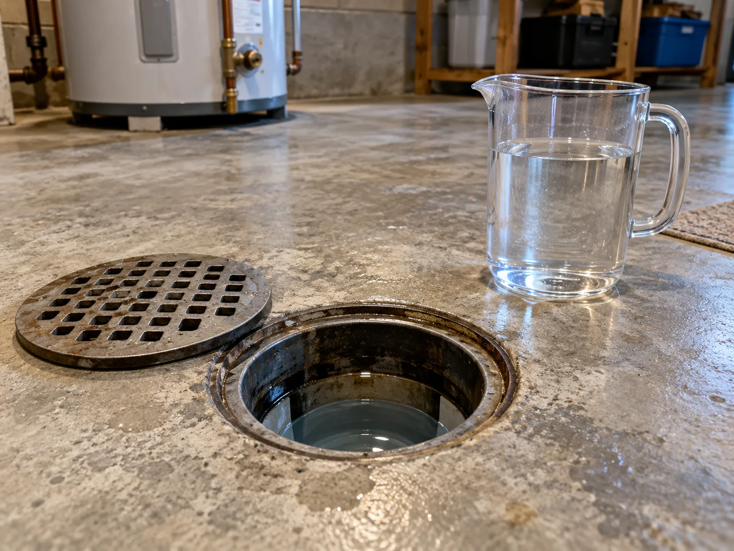 A utility-room floor drain and a pitcher of water for restoring a seldom-used trap seal