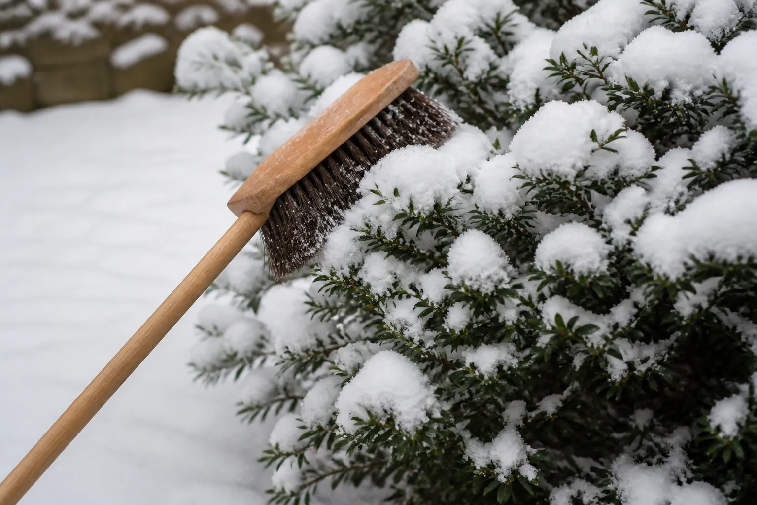 Push broom sweeping light snow from an outdoor surface using parallel strokes without metal tools