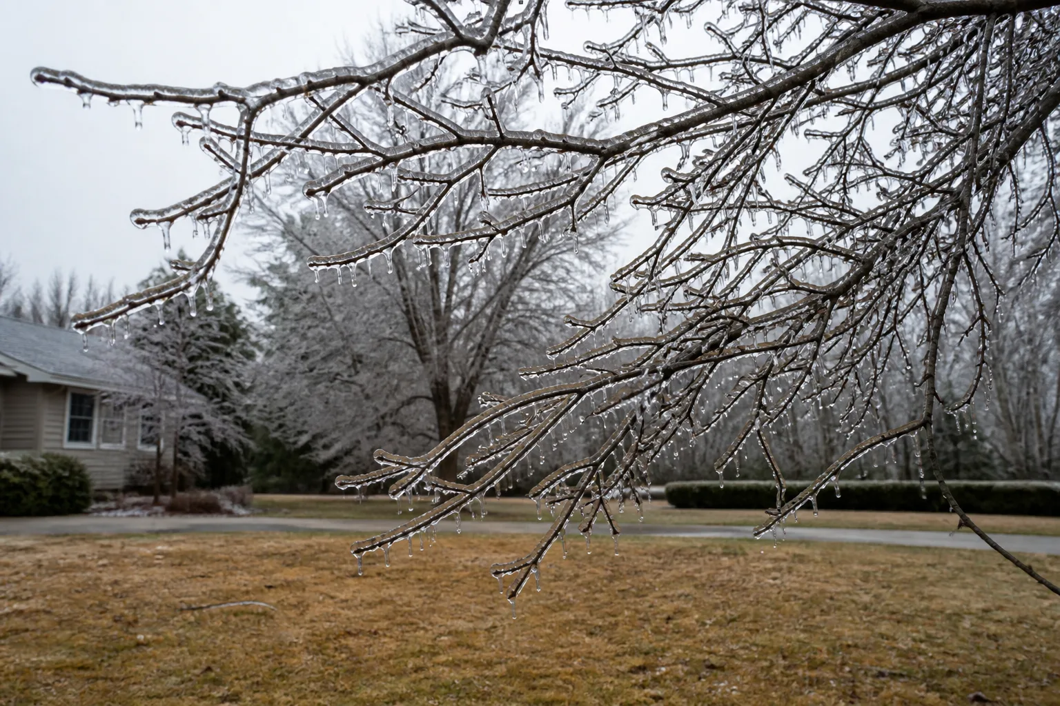 Tree branches glazed with clear ice after freezing rain in a winter yard