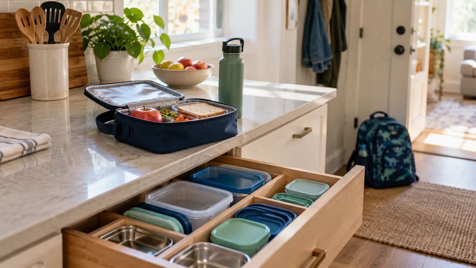 A lunch bag, backpack, and reusable food containers arranged in a compact kitchen drawer for school preparation